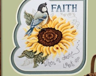 Counted Cross Stitch Pattern, Faith Sunflower, Inspirational, Faith Sampler, Pillow, Chickadee, Sunflower, Stoney Creek, PATTERN ONLY