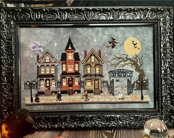 Counted Cross Stitch, Trick or Treat Town, Country Chic, Pillow, Halloween Decor, Lamp Posts, Witches, Ghost, Flossabilities, PATTERN ONLY