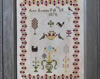 Counted Cross Stitch Pattern, Ann Bowen 1870, Reproduction Sampler, Bird Motifs, SamBrie Stitches Designs, PATTERN ONLY