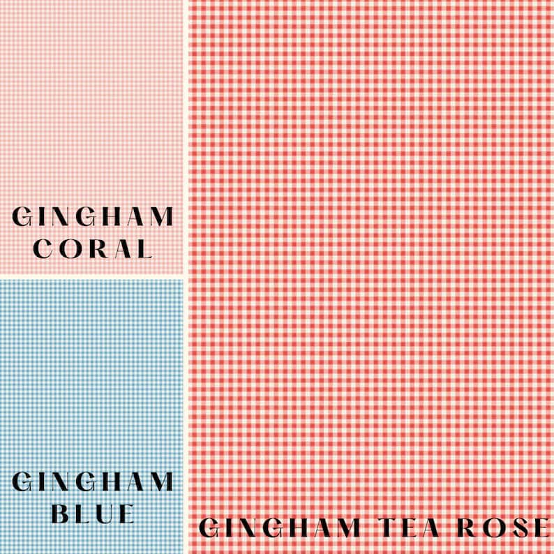 May include: A selection of gingham patterns in coral, blue, and tea rose hues. The text "Gingham Coral", "Gingham Blue", and "Gingham Tea Rose" are displayed below each pattern. The patterns consist of small, evenly spaced squares.