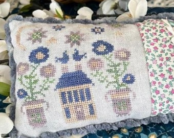 Counted Cross Stitch Pattern, Midnight Posies, Pin Pillow, Saltbox House, Flowers, Birds, Pansy Patch Quilts and Stitchery, PATTERN ONLY