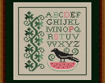 Counted Cross Stitch Pattern, Summer Crow and Watermelon, Vine Motif, Summer Decor, Alphabet Sampler, Happiness is Heart Made, PATTERN ONLY
