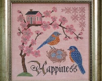 Counted Cross Stitch Pattern, Bluebird of Happiness, Songbird's Garden, Bluebird, Cherry Blossoms, Folk Art, Cottage Garden, PATTERN ONLY