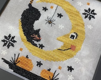 PRE-Order, Counted Cross Stitch Pattern, Halloween Moon, Halloween Decor, Pillow Ornament, Bowl Filler, Stitches by Ethel, PATTERN ONLY