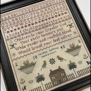 Modèle de point de croix compté, Caroline Suffling 1848, échantillonneur de reproduction, maison Saltbox, source d'inspiration, la maison Scarlett, modèle uniquement