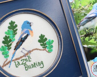 Counted Cross Stitch Pattern, Lazuli Bunting, Blue Bunting, Bird Crush Club, Pillow Ornament,  Lindy Stitches, PATTERN ONLY