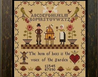 Counted Cross Stitch Pattern, Hum of Bees, Bee Skep, Honey Bees, Windmill, Sampler, Country Rustic, Twin Peak Primitives, PATTERN ONLY