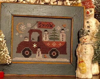 Cross Stitch Pattern, Traveling Snowmen Truck, Winter Decor, Snowmen, Snowflakes, Pick-Up Truck, Moon, Homespun Elegance, PATTERN ONLY
