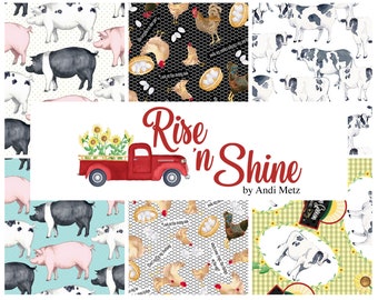 Quilt Fabric, Rise 'n Shine, Pigs, Chickens, Cows, Country Farmhouse, Farmhouse Fabrics, Quilters Cotton, Andi Metz, Kanvas Studio