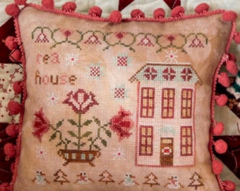 Counted Cross Stitch Pattern, Tea House, Cross Stitch Pillow, Ornament, Bowl Filler, Snowman, Pansy Patch Quilts and Stitchery, PATTERN ONLY