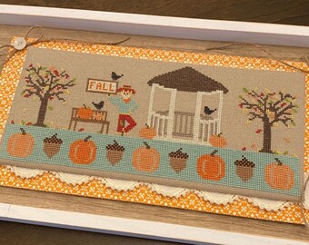 Counted Cross Stitch Pattern, Falling Leaves, Fall Decor, Pumpkins, Gazebo, Crows, Crafty Bleubonnet Designs, Pattern ONLY