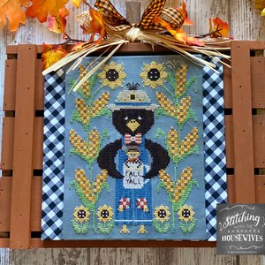 Counted Cross Stitch Pattern, Clovis & Stanley, Black Crow, Sunflowers, Autumn Decor, Stitching Housewives, PATTERN ONLY