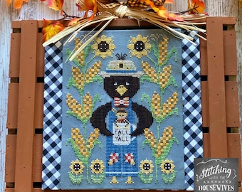 Counted Cross Stitch Pattern, Clovis & Stanley, Black Crow, Sunflowers, Autumn Decor, Stitching Housewives, PATTERN ONLY