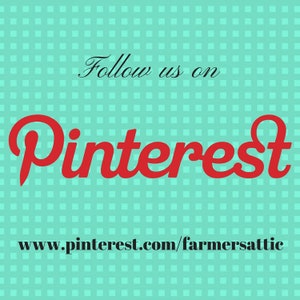 May include: Follow us on Pinterest, www.pinterest.com/farmersattic, a graphic with red text on a turquoise checkered background.