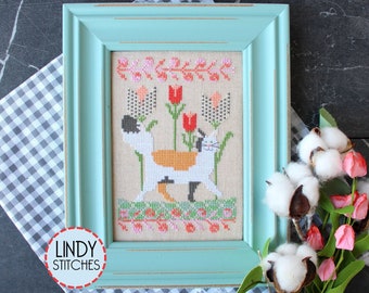 PRE-Order, Counted Cross Stitch Pattern, Prancing in the Tulips, Cats in the Garden, Garden Decor, Kitty Cats, Lindy Stitches, PATTERN ONLY