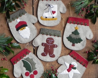 Wool Applique Pattern and Kit, Warm Hands, Christmas Mitten Ornaments, Wool Kit, Christmas Decor, Rachel's of Greenfield, PATTERN AND KIT
