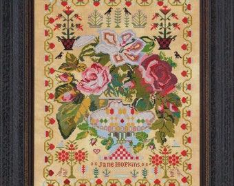 Counted Cross Stitch Pattern, Jane Hopkins 1875, Reproduction Sampler, Antique Reproduction, Hands Across the Sea, PATTERN ONLY