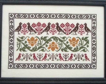 Counted Cross Stitch Pattern, The Birds and the Bees of 1557, Band Motif Sampler, Flower Motifs, Arlene Cohen, Works by ABC, PATTERN ONLY