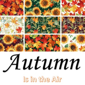 Quilt Fabric, Autumn Is in the Air, Fall Fabrics, Sunflowers, Maple Leaves, Pumpkins, Mulberry Leaves, Harvest Fabric, Hoffman Fabrics