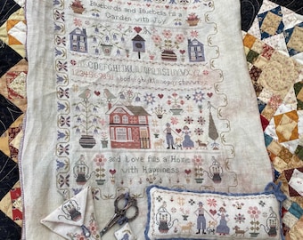 Counted Cross Stitch Pattern, Bluebirds and Bluebells Sampler, Primitive Rustic, Pansy Patch Quilts and Stitchery, PATTERN ONLY