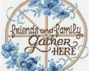 Counted Cross Stitch Pattern, Friends & Family Gather Here, Welcome Decor, Wagon Wheel, Ursula Michael, Imaginating, PATTERN or KIT ONLY