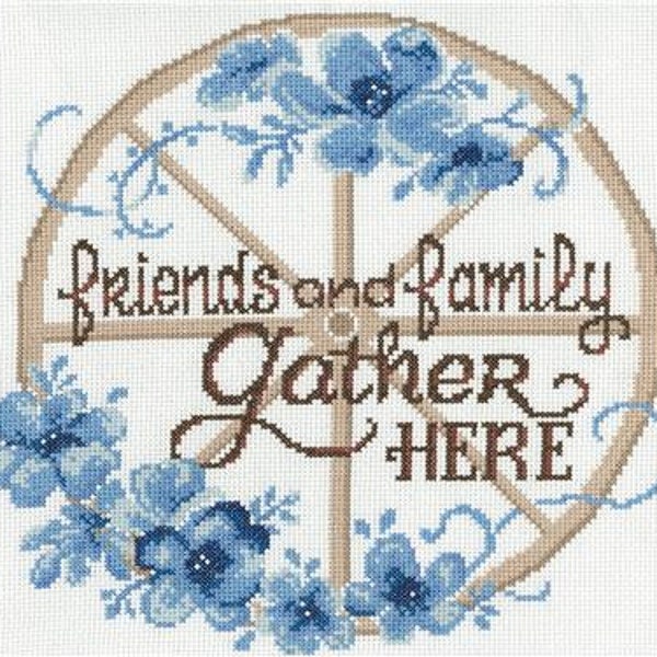 Counted Cross Stitch Pattern, Friends & Family Gather Here, Welcome Decor, Wagon Wheel, Ursula Michael, Imaginating, PATTERN or KIT ONLY