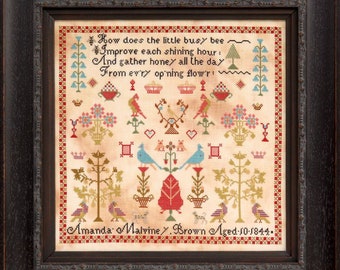 Counted Cross Stitch Pattern, Amanda Malviney Brown 1844, Reproduction Sampler, Antique Reproduction, Hands Across the Sea, PATTERN ONLY