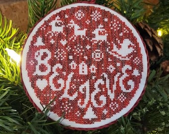 Counted Cross Stitch Pattern, Believe Bauble, Bowl Filler, Christmas Decor, Ornament, Monochromatic, Wildflower Stitching, PATTERN ONLY