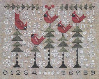 Counted Cross Stitch Pattern, Chilly Cardinals Sampler, Evergreens, Alphabet, Snowflakes, Winter Decor, Artful Offerings, PATTERN ONLY