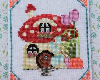 Counted Cross Stitch Pattern, Summer Cottage, Summer Decor, Mushroom Cottage, Tulips, Snail, Pillow Ornament, Luhu Stitches, PATTERN ONLY
