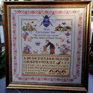 Counted Cross Stitch Pattern, Blue Carpenter Bees, Reproduction Sampler, Country Rustic,  Windmill, Twin Peak Primitives, PATTERN ONLY
