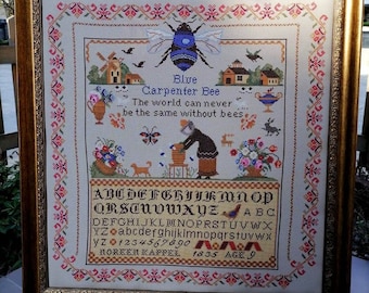 Counted Cross Stitch Pattern, Blue Carpenter Bees, Reproduction Sampler, Country Rustic,  Windmill, Twin Peak Primitives, PATTERN ONLY