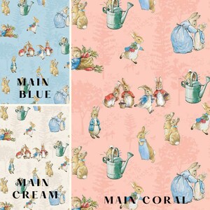 May include: Fabric swatches with a repeating pattern of rabbits, watering cans, and figures in dresses. The swatches are in blue, cream, and coral colours, with the text "MAIN BLUE", "MAIN CREAM", and "MAIN CORAL" overlaid on each swatch.