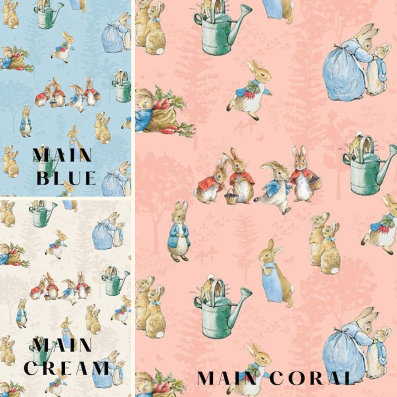 May include: Fabric swatches with a repeating pattern of rabbits, watering cans, and figures in dresses. The swatches are in blue, cream, and coral colours, with the text "MAIN BLUE", "MAIN CREAM", and "MAIN CORAL" overlaid on each swatch.