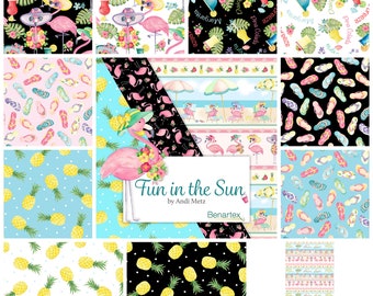 Quilt Fabric, Fun in the Sun, Flamingo Fun, Summer Fabrics, Tropical Drinks, Flip Flop Fun, Pineapples, Andi Metz, Benartex Fabrics