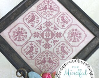 Counted Cross Stitch, Quaker Birds, Pillow, Quaker Motifs, Flower Motifs, Monochromatic, The Mindful Needle Designs, PATTERN ONLY