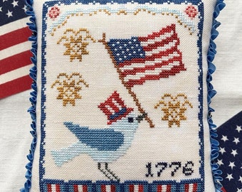 Counted Cross Stitch Pattern, A Bluebird's Salute, Americana, Patriotic, American Flag, Primitive Decor, Luminous Fiber Arts, PATTERN ONLY