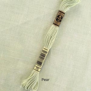 May include: A skein of light green embroidery floss, labeled "772 Pear" with a brown and gold label. The floss is tightly wound and appears soft. The background is a light green fabric.