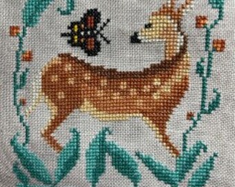 Counted Cross Stitch, Fawn & Friend, Wildlife, Butterfly, Pillow Ornament, Bowl Filler, Whitetail, Carriage House Samplings, PATTERN ONLY