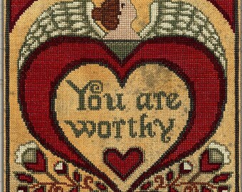 Counted Cross Stitch Pattern, You Are Worthy, Inspirational, Folk Art, Primitive Decor, Angel, Heart, Teresa Kogut, PATTERN ONLY