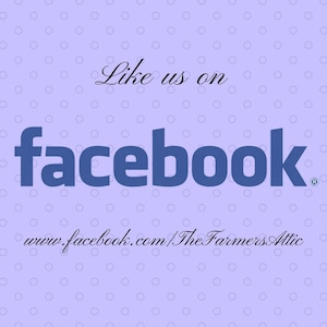 May include: Purple background with white polka dots. Text reads "Like us on facebook" with the word "facebook" in blue. Below the text is the URL "www.facebook.com/TheFarmersAttic".