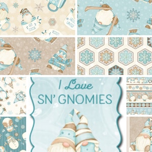 Puede incluir: Una colecci&oacute;n de cuadrados de tela con un tema de gnomos de invierno. Los cuadrados de tela presentan gnomos, copos de nieve y el texto "I Love Sn' Gnomes".