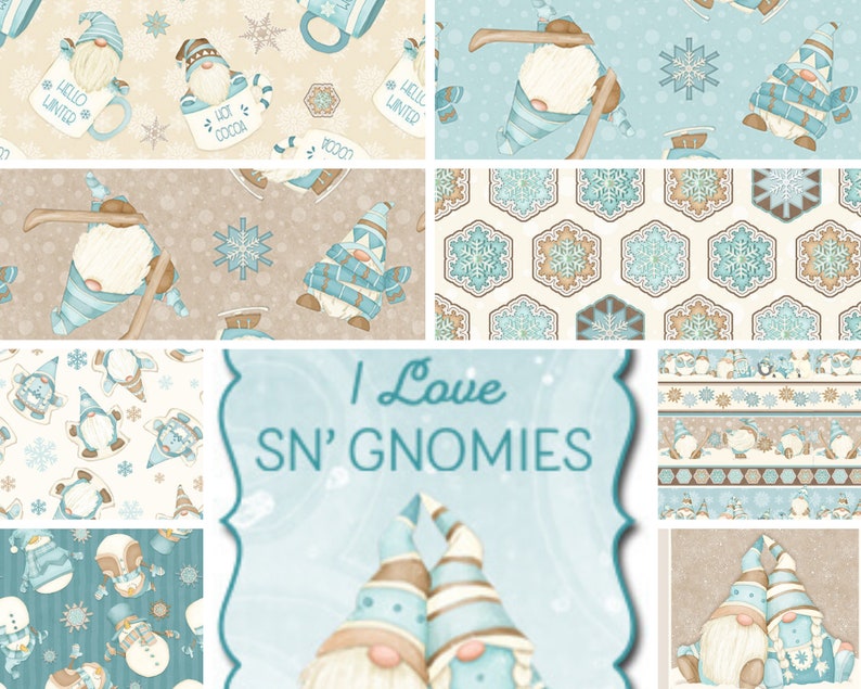 Puede incluir: Una colecci&oacute;n de cuadrados de tela con un tema de gnomos de invierno. Los cuadrados de tela presentan gnomos, copos de nieve y el texto "I Love Sn' Gnomes".