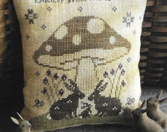 Counted Cross Stitch Pattern, Shelter from the Storm, Rabbits, Mushroom, Inspirational, Primitive, Scattered Seed Samplers, PATTERN ONLY