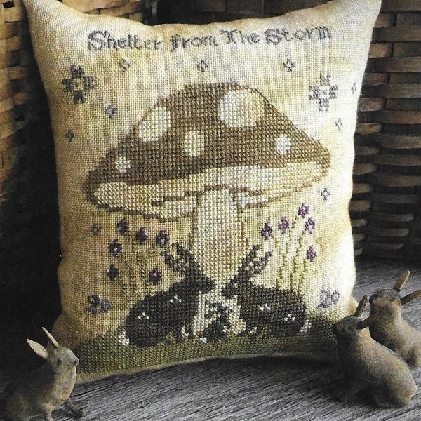 Counted Cross Stitch Pattern, Shelter from the Storm, Rabbits, Mushroom, Inspirational, Primitive, Scattered Seed Samplers, PATTERN ONLY