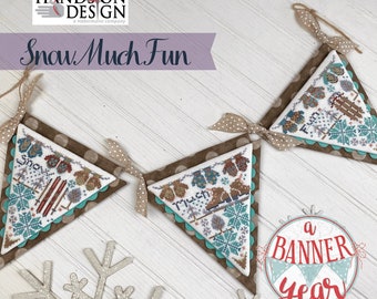 Counted Cross Stitch Pattern, Snow Much Fun, A Banner Year, Winter Decor, Skiing, Skating, Sleds, Hands On Design, PATTERN or KIT