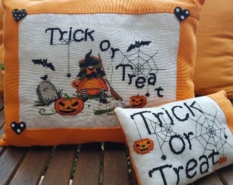 Counted Cross Stitch Pattern, Trick or Treat, Halloween Decor, Bats, Witch, Spiders, Webs, Pillows, Serenita di campagna, PATTERN ONLY