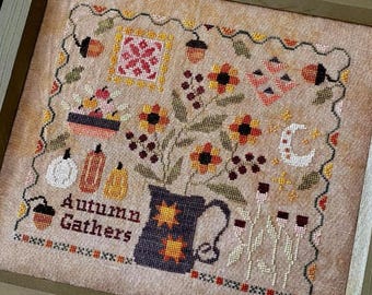 Counted Cross Stitch, Autumn Gathers, Country Rustic, Motifs, Pumpkins, Acorns, Bowl Filler, Emily Pengelly, Blueberry Ridge, PATTERN ONLY