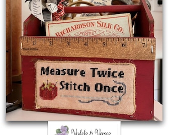 Counted Cross Stitch Pattern, Measure Twice, Pillow Ornament, Bowl Filler, Tomato Pincushion, Violets & Verses, PATTERN ONLY