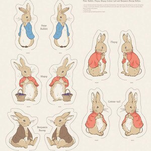 May include: A cream-colored sheet with illustrations of Peter Rabbit and his friends, including Flopsy, Mopsy, Cotton-tail, and Benjamin Bunny. Each character is shown in front and back views, with their names printed below. The text "Peter Rabbit" is visible.